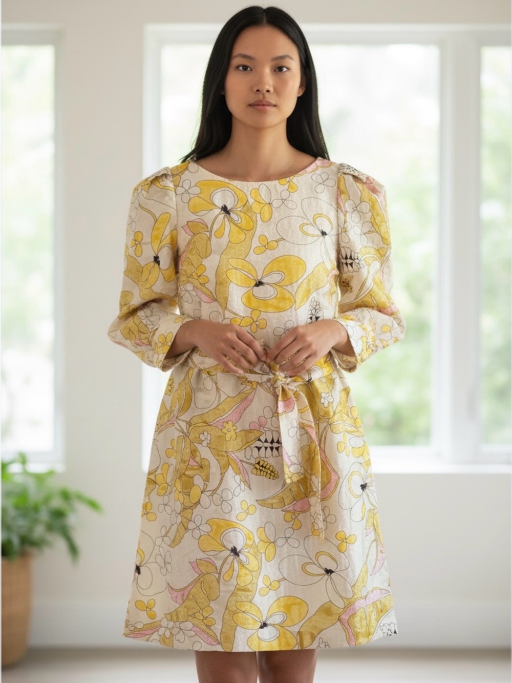 Max & Co. Women’s Yellow Floral Tie-Waist Dress Size 6 Puff Sleeves